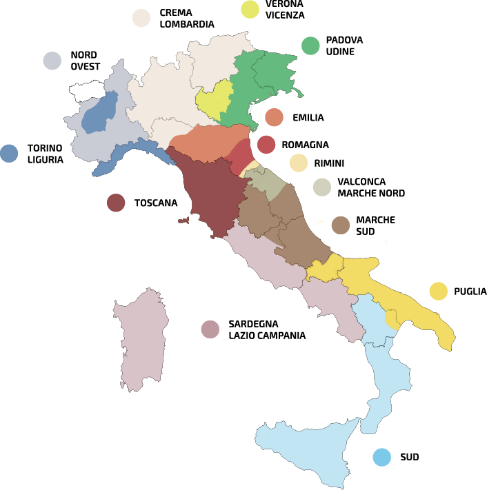 Mappa delle Zone in cui è presente la Comunità Papa Giovanni XXIII in Italia